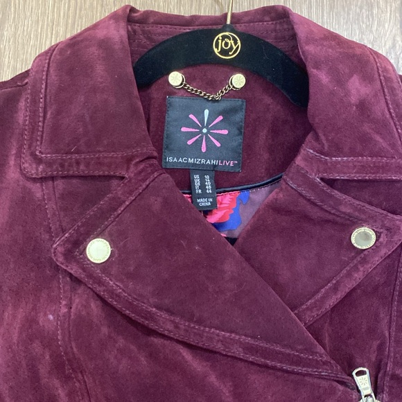Real leather Isaac mizrahi live us 10 plum motorcycle jacket gold zippers - Picture 6 of 13